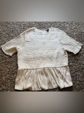 Ann Taylor Cream Smocked Short Sleeve Peplum Blouse